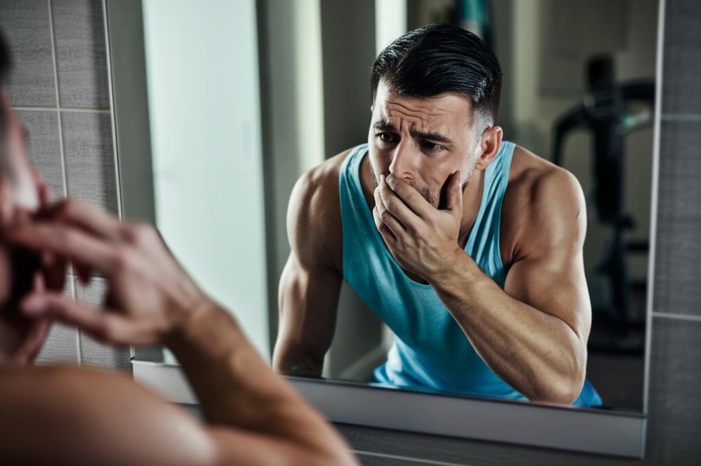 Frustrated man looking at his reflection in the mirror after workout, fitness progress stalled.
