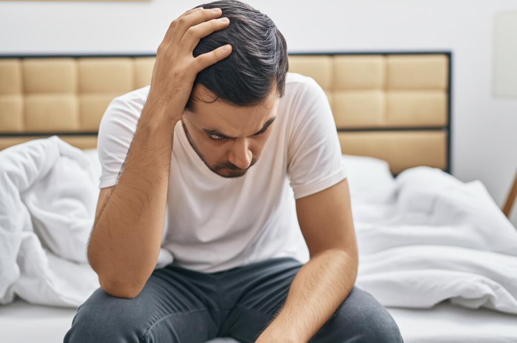 A tired man sitting on the edge of the bed, looking stressed and worried.