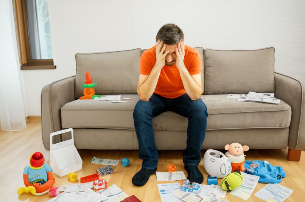 Illustration of a stressed man sitting on a sofa, head in hands, with bills and baby items around him, in a modern home setting, soft lighting, realistic style