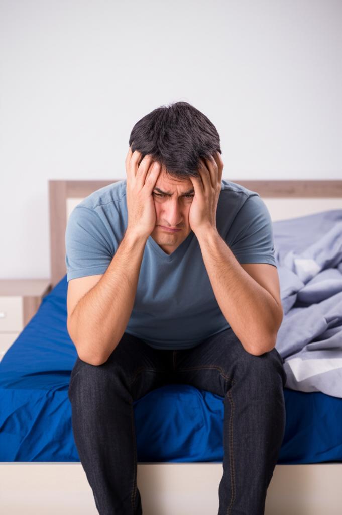 tired middle aged man sitting on edge of bed feeling frustrated