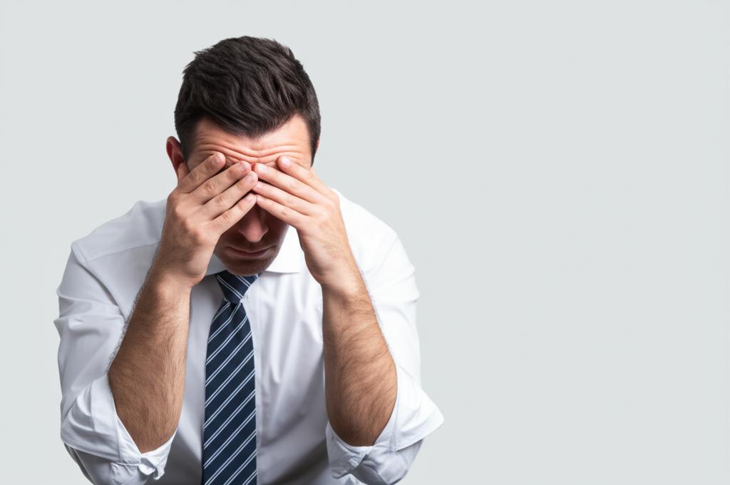 Illustration of a man looking stressed and tired, thinking about performance issues, realistic style