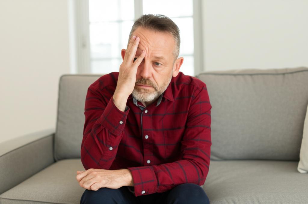 Middle aged man sitting alone looking worried and stressed