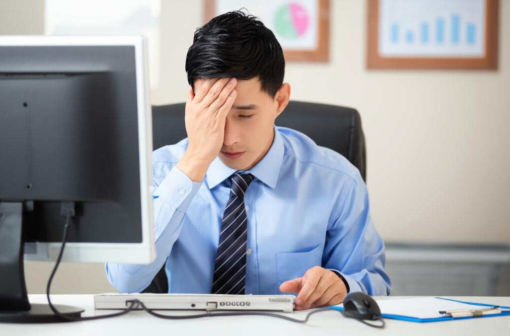 Stressed Asian office worker man looking at computer screen with hand on forehead