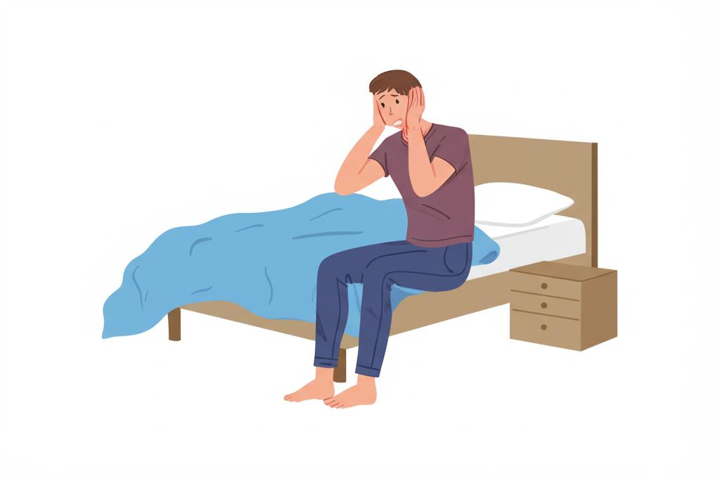 A man looking frustrated and holding his head in his hands, sitting on the edge of a bed, illustration style, conveying feelings of shame and low self-esteem