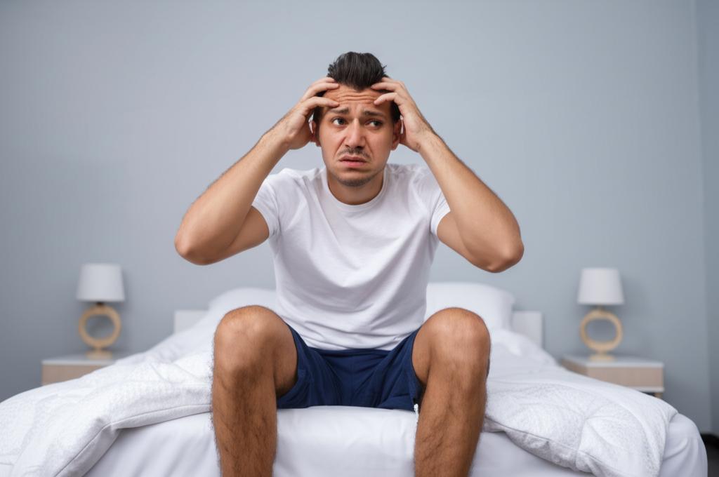 man sitting on bed looking stressed and frustrated
