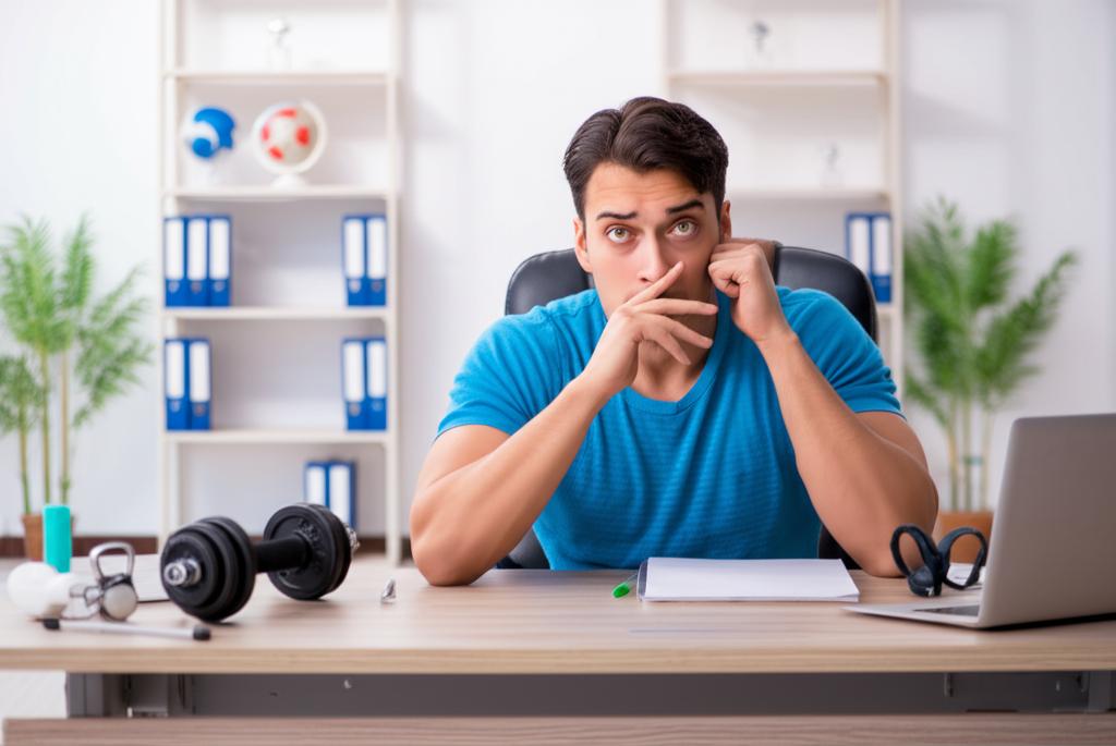 a stressed man sitting at his desk with workout equipment nearby, looking overwhelmed
