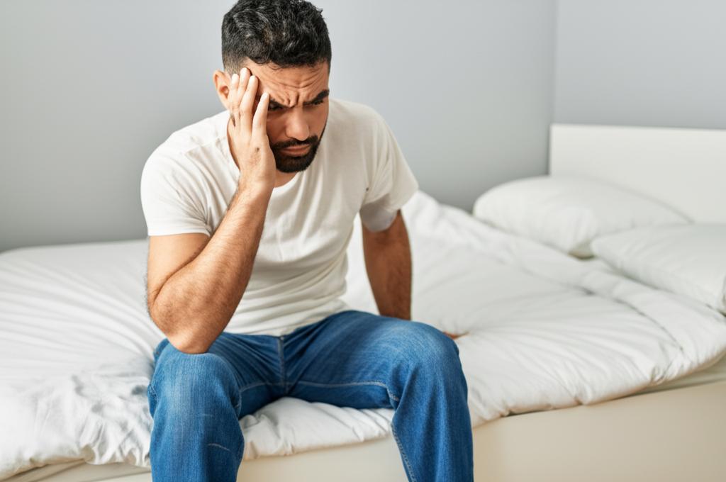 Man looking stressed or thoughtful, sitting on a bed.