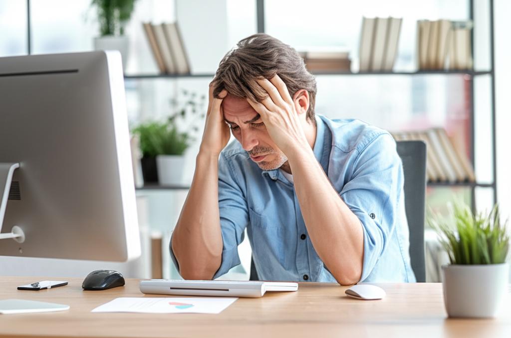 AI generated image of a tired man sitting at a desk, looking stressed and low on energy, office environment