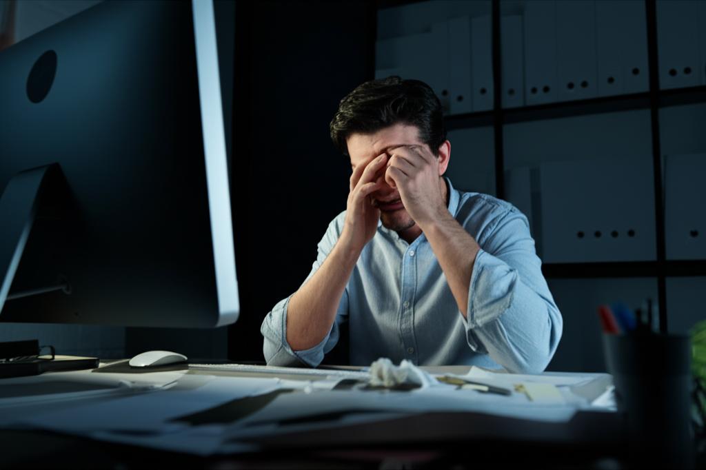 ai prompt: tired male programmer rubbing eyes late at night in front of computer, messy desk, dark room, realistic photo