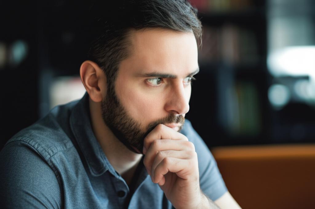 AI prompt: A man looking thoughtful, perhaps slightly concerned, sitting alone while thinking about his relationship. Focus on a relatable, slightly melancholic mood.