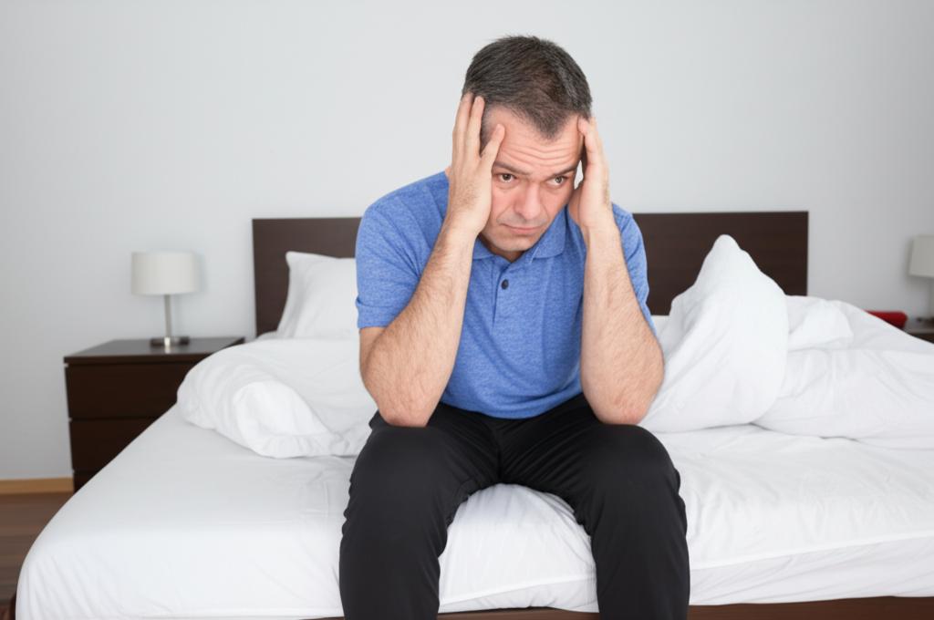 A mature man looking stressed and frustrated, sitting on the edge of the bed.