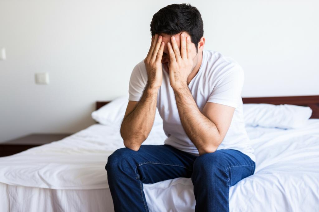 Frustrated man sitting on bed, feeling inadequate