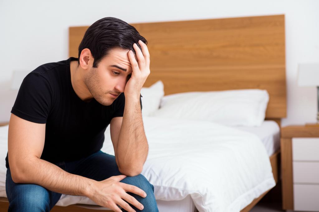 Worried man sitting on the edge of the bed, looking down.