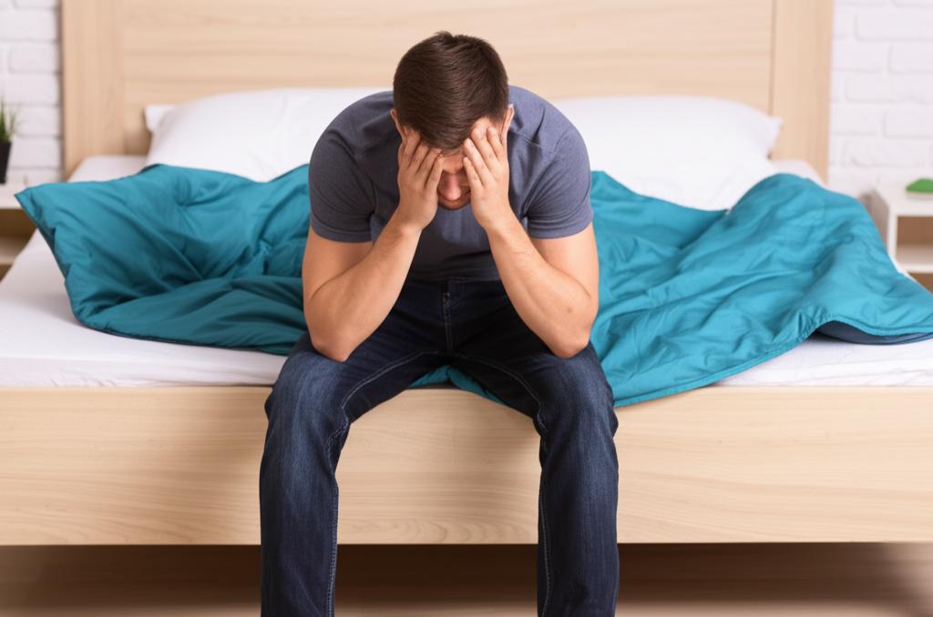 Worried man sitting on the edge of the bed, looking down, feeling anxious.