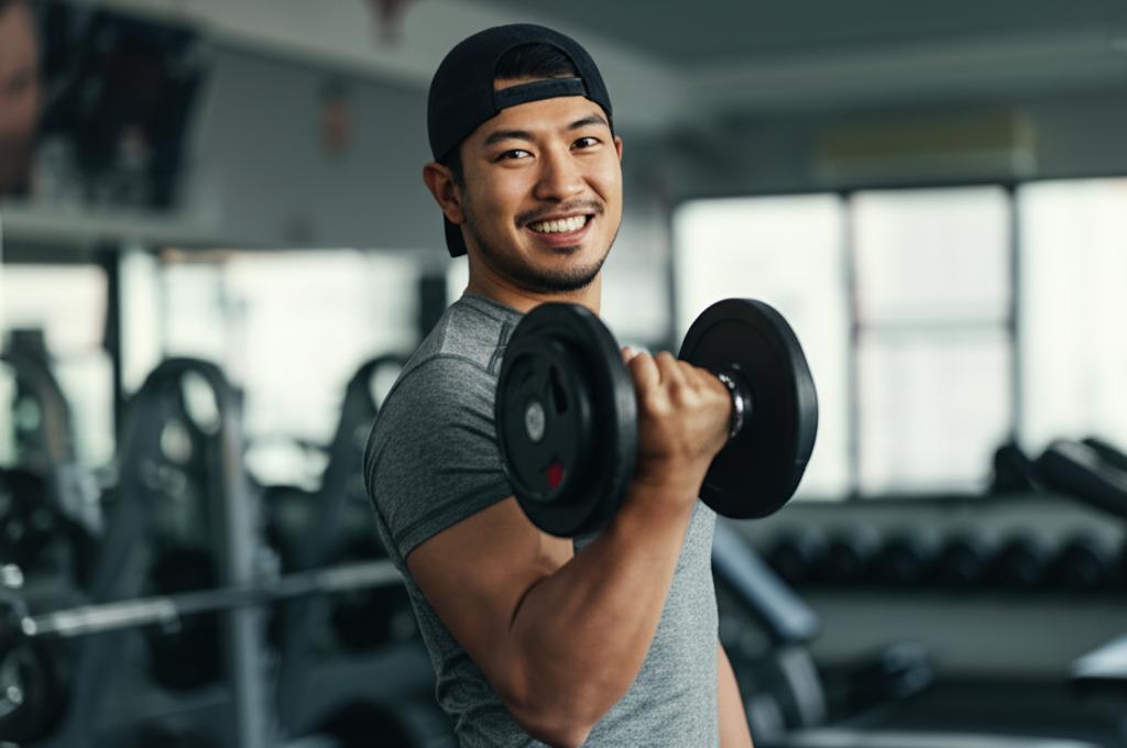 Budi smiling and lifting weights at the gym, full of energy and vitality.