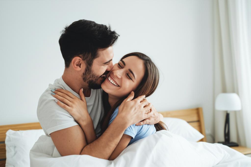 A happy couple embracing and smiling in their bedroom.