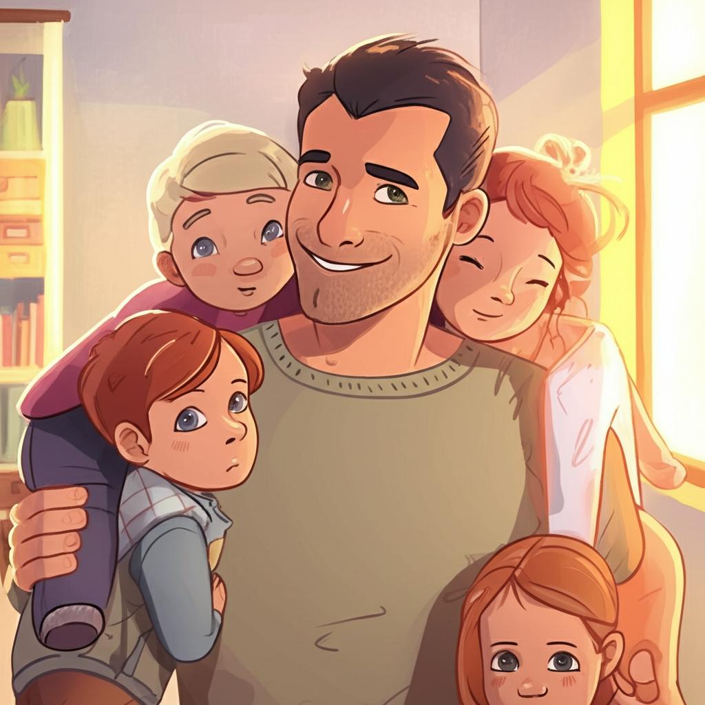Illustration of a man looking more energetic and confident, smiling and hugging his wife and two young children in a warm family setting, soft lighting, realistic style