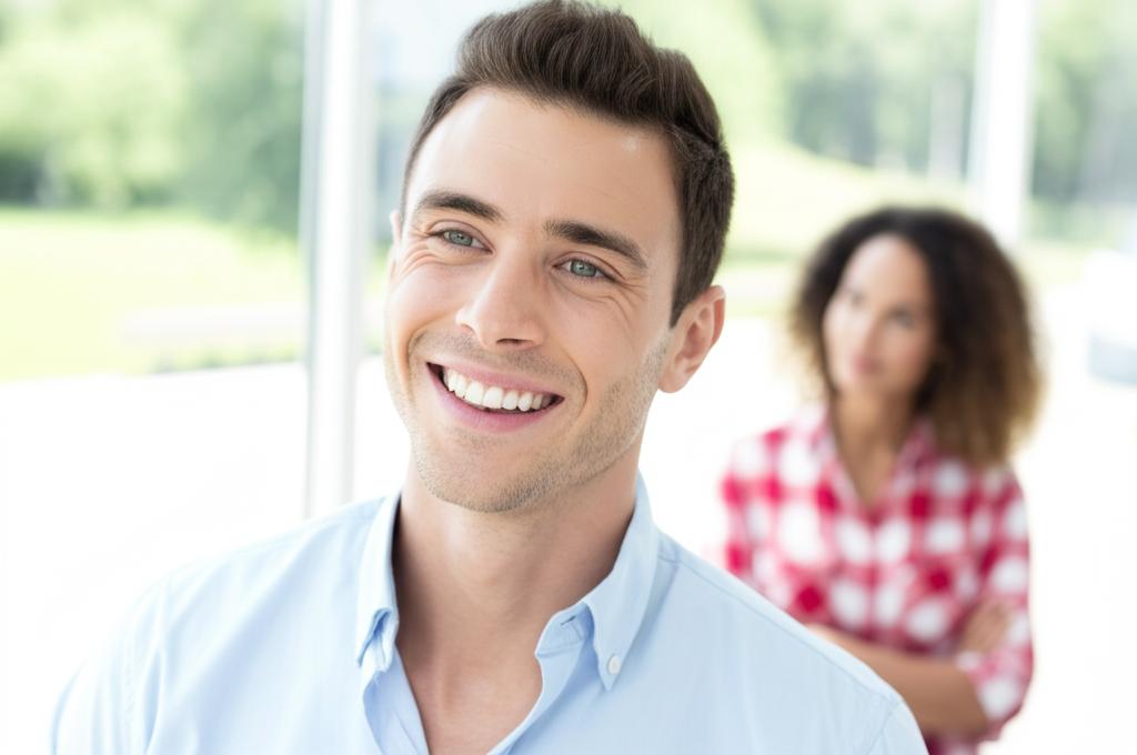 Man looking happy and confident, perhaps with a partner subtly in the background, illustrating positive change