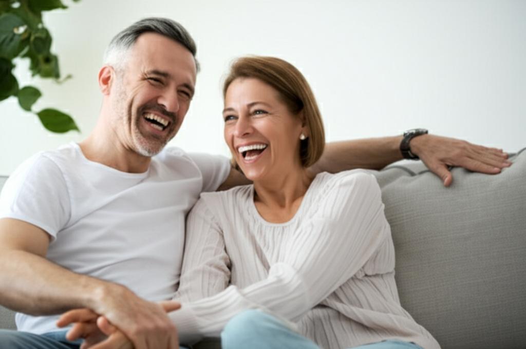 happy middle aged couple laughing together on sofa