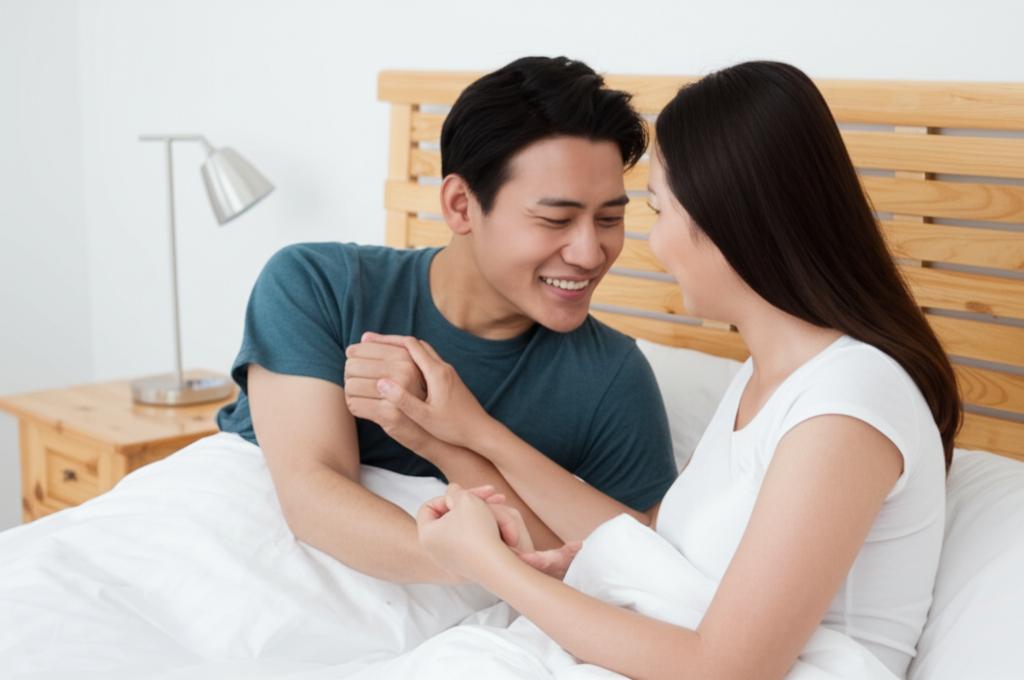 Happy Asian couple holding hands and smiling in a bedroom setting