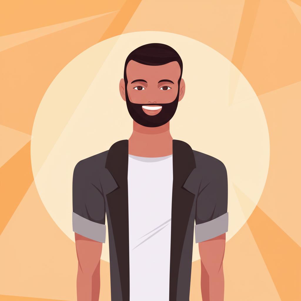 A man smiling confidently, standing tall, in a warm, bright environment, illustration style, conveying feelings of renewed confidence and vitality
