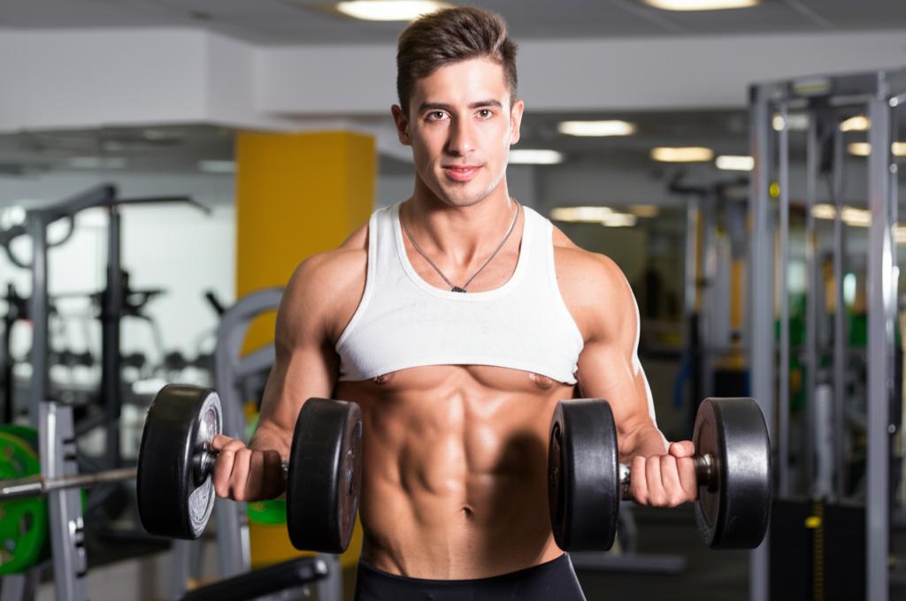 energetic young man lifting weights in gym