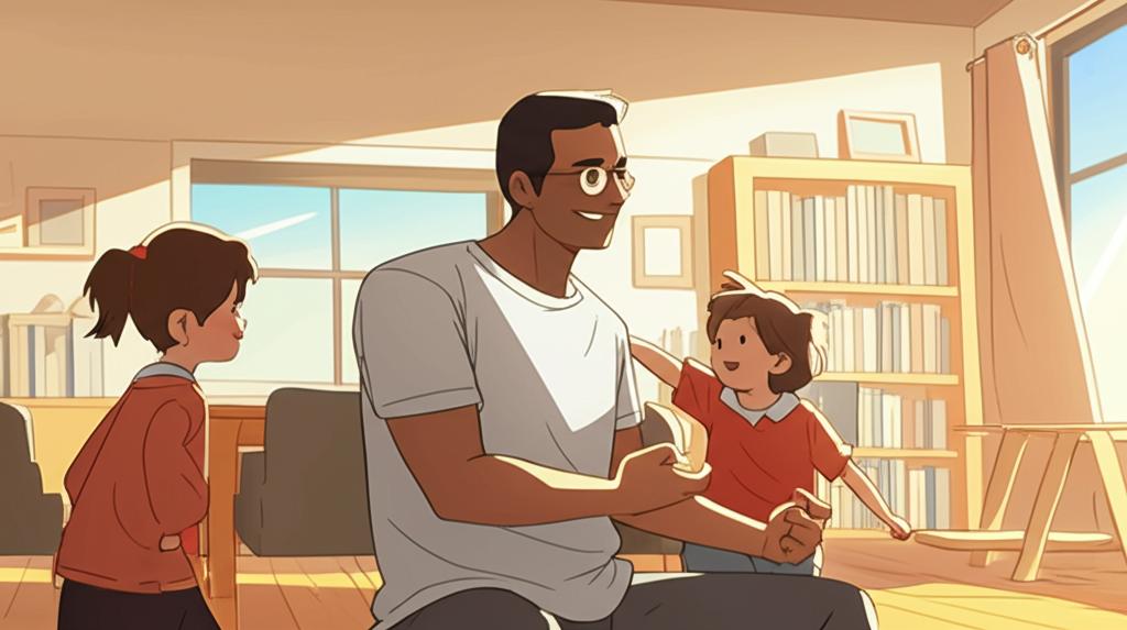 AI generated image of a man looking energetic and happy, playing with his children at home, bright and warm atmosphere