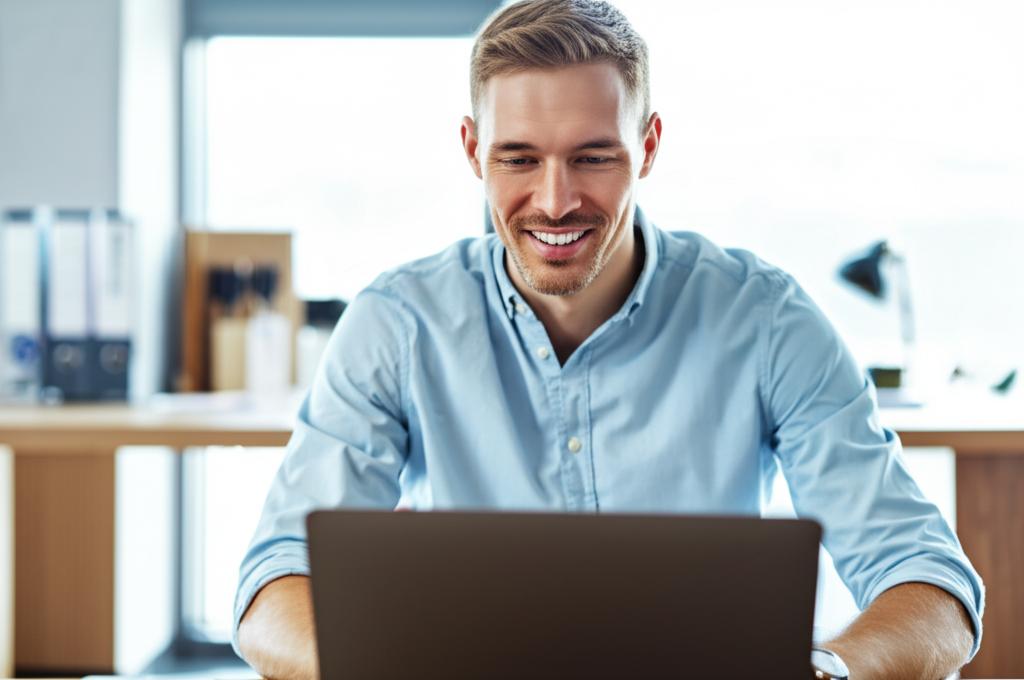 Man looking energetic and focused at his laptop during the day, smiling slightly, modern office environment