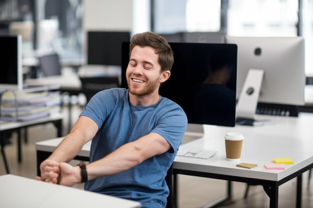 ai prompt: energetic male programmer smiling and stretching at his desk, bright office, clean workspace, realistic photo