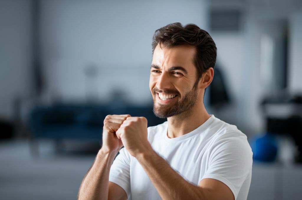AI prompt: A man smiling confidently and looking energetic, representing a positive transformation. Focus on vitality and well-being.