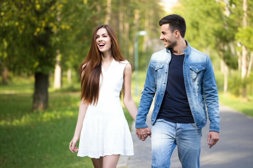 A happy couple smiling and holding hands, walking in a park.