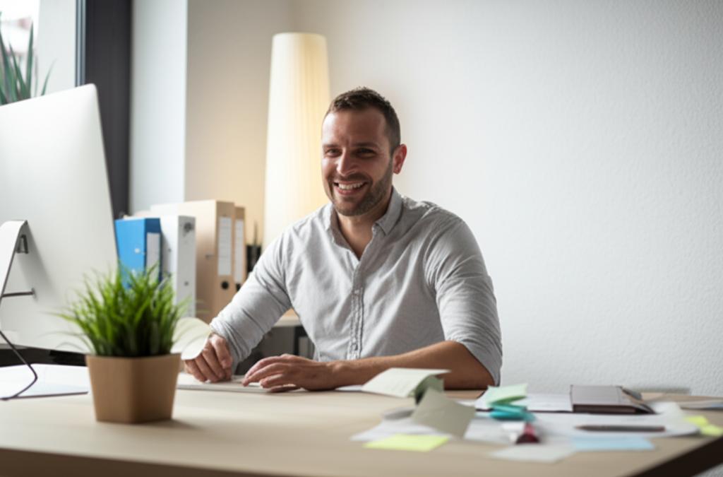 Happy and energetic man in his 30s, smiling confidently and working at his desk.