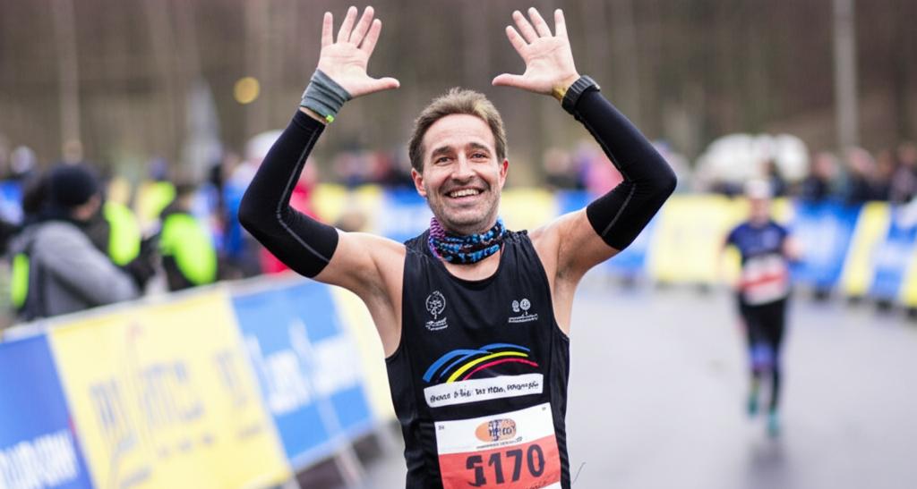 A smiling man running a marathon, looking energetic and healthy.