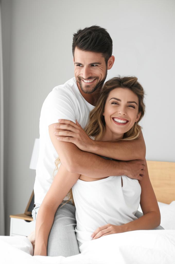 Happy couple smiling and hugging each other in a bedroom