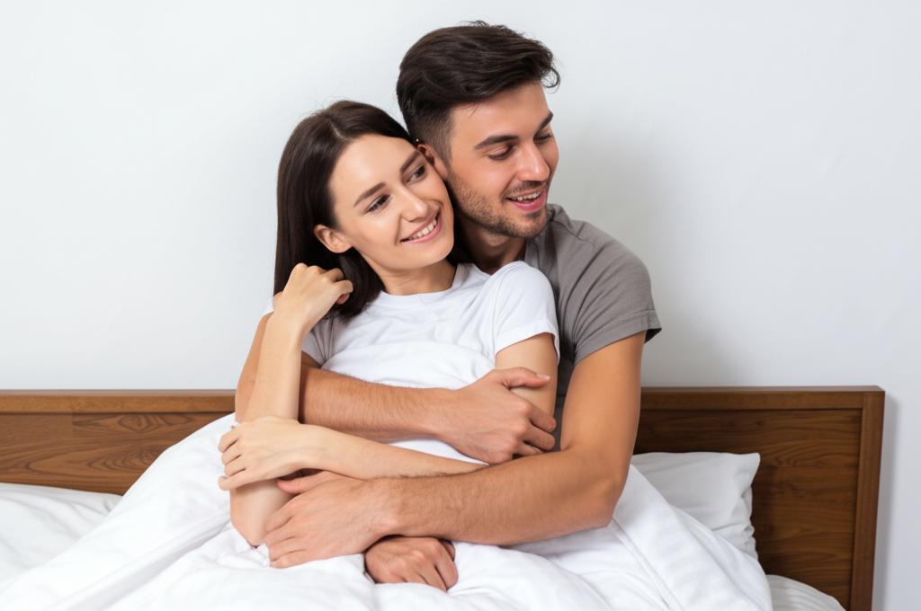 Happy couple embracing in bedroom.