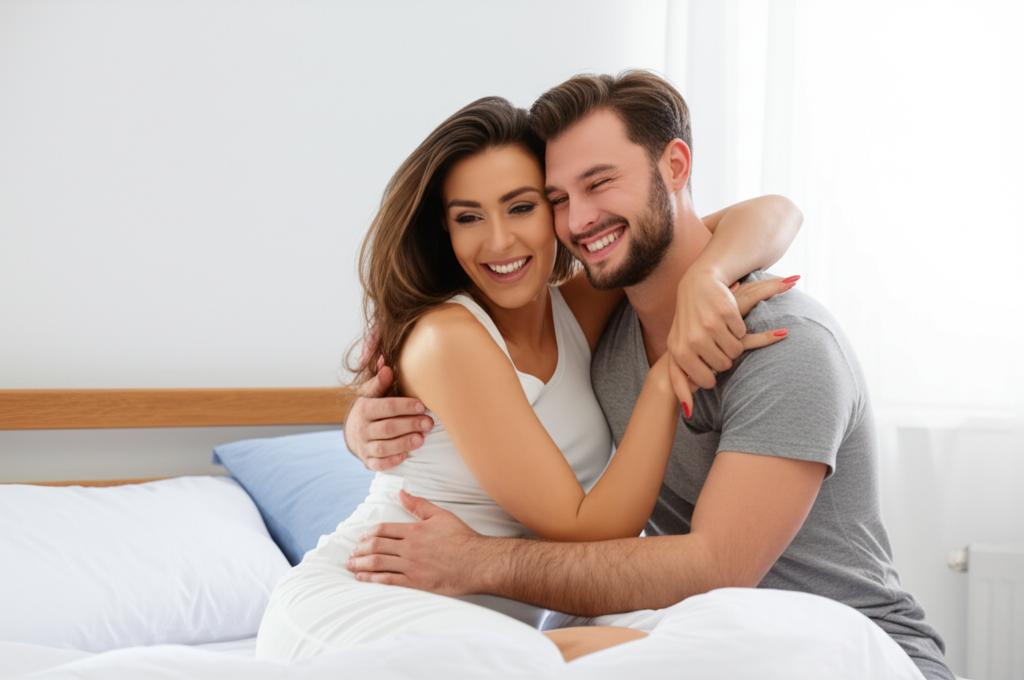 Happy couple embracing in bedroom, smiling and looking at each other.