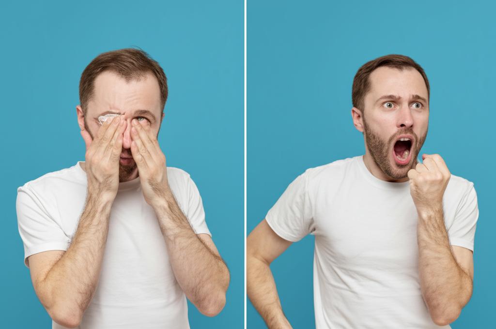 A before and after photo showing a man looking tired and then energetic.