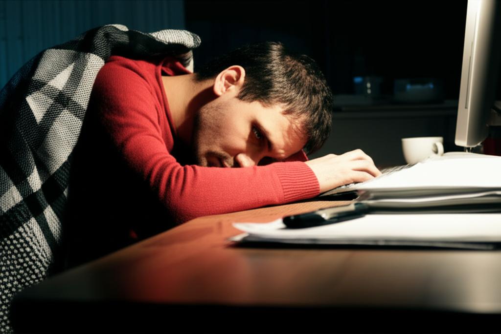 Man looking tired and frustrated at his desk, feeling cold and uncomfortable, hinting at health issues affecting work
