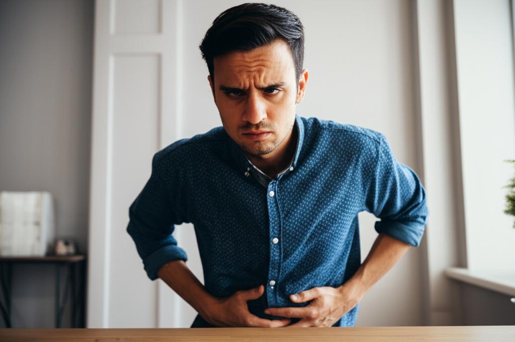 AI prompt: Man sitting at a desk, looking concerned and holding his lower abdomen