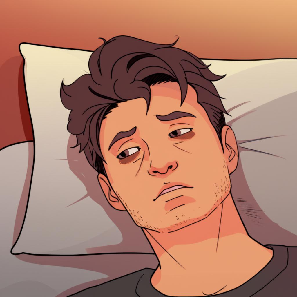 Illustration of a man looking tired and thoughtful after an intimate moment, conveying fatigue and concern