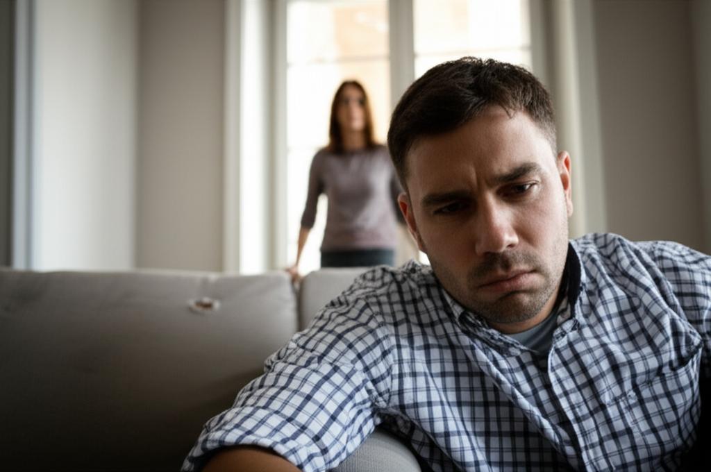 A man looking tired and stressed, sitting on a sofa with a woman looking slightly disappointed in the background