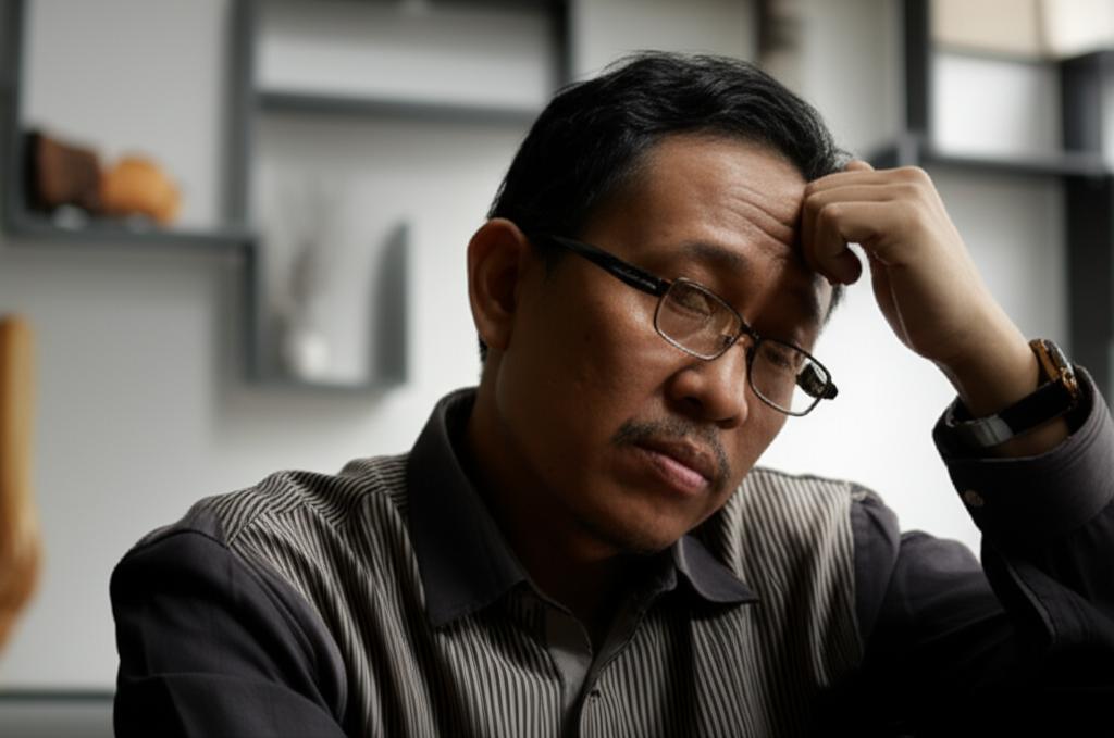 AI prompt: A thoughtful Indonesian man in his late 40s or 50s looking concerned while sitting and contemplating, perhaps holding his head lightly, soft indoor lighting, realistic photo