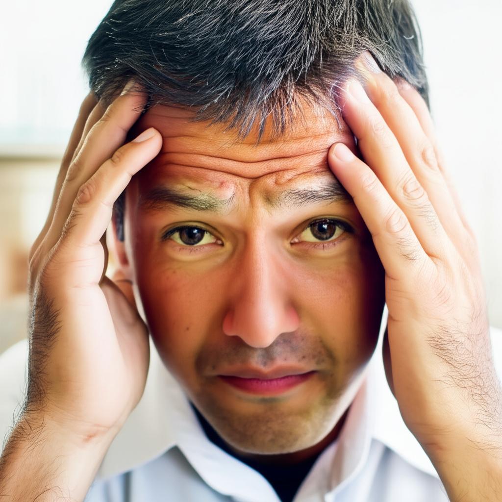 ai prompt: A man holding his head, looking slightly dizzy, with a blurred background, representing headache and dizziness after taking medication
