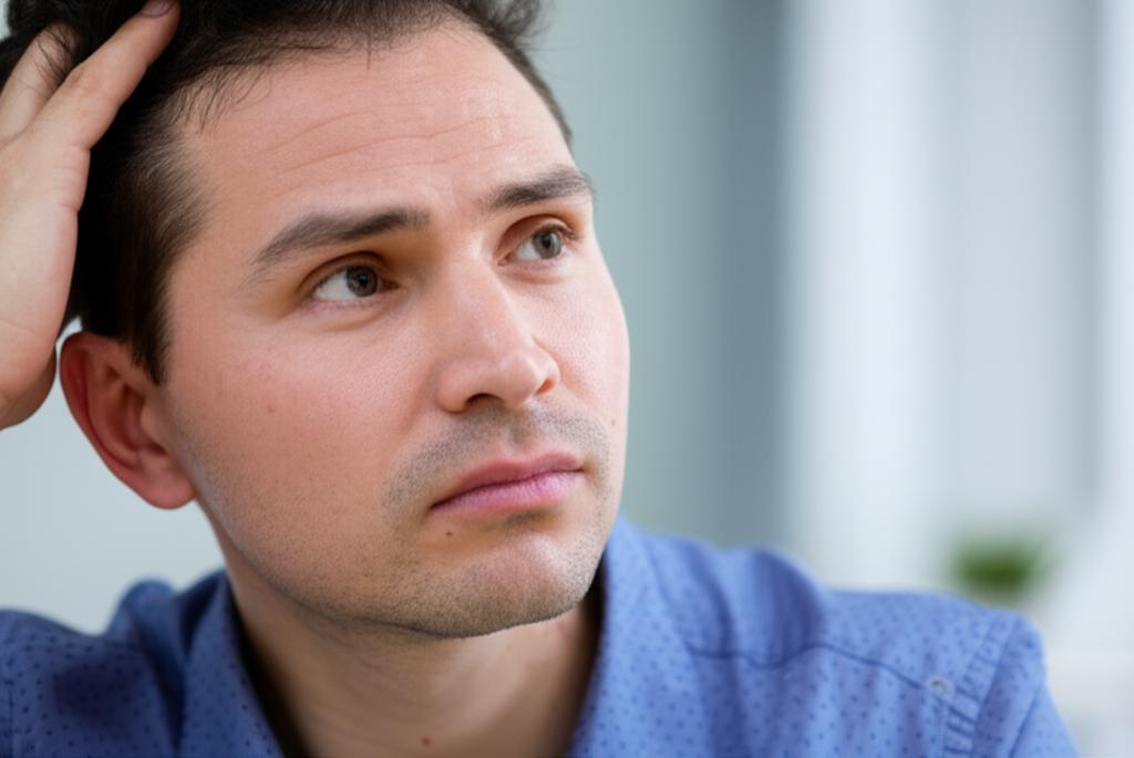 Man feeling tired and stressed, looking for a solution