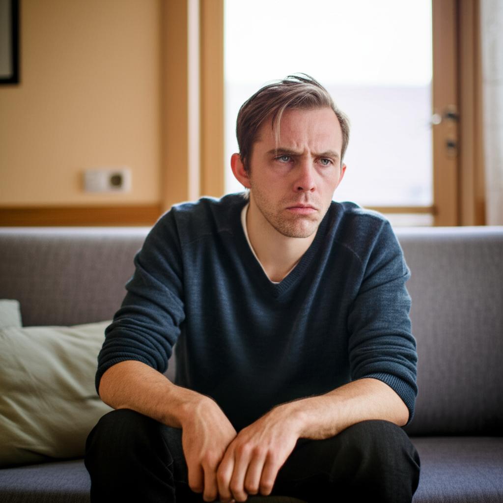 man looking tired and stressed, sitting on a sofa, domestic setting, realistic photo