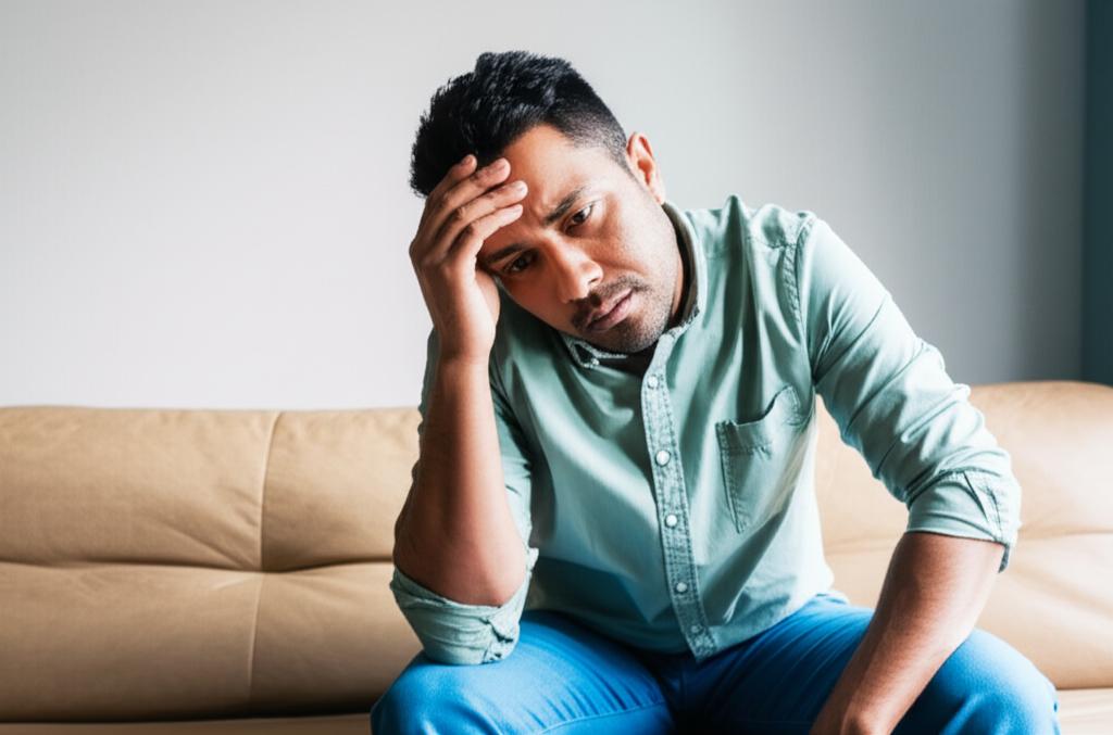 A man looking thoughtful and slightly stressed, sitting on a couch, representing post-marriage fatigue