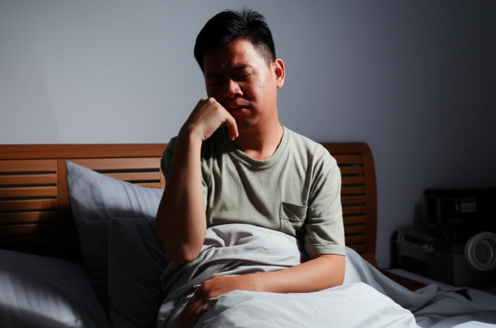 tired asian man waking up in bed at night due to urination, realistic photo