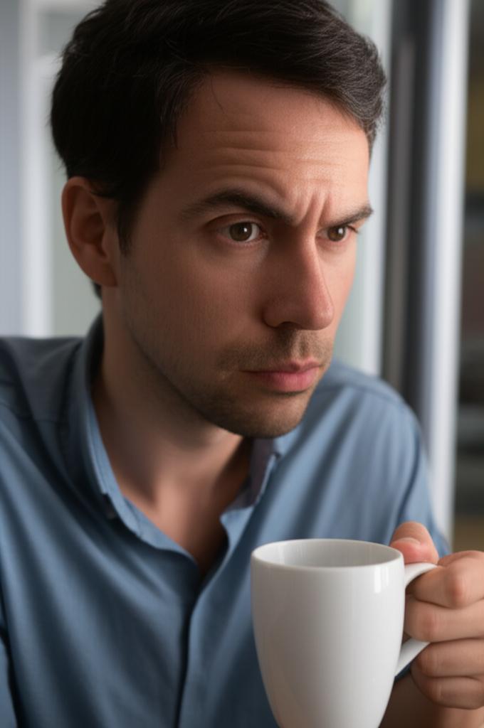 Man looking worried in the morning, subtle lighting