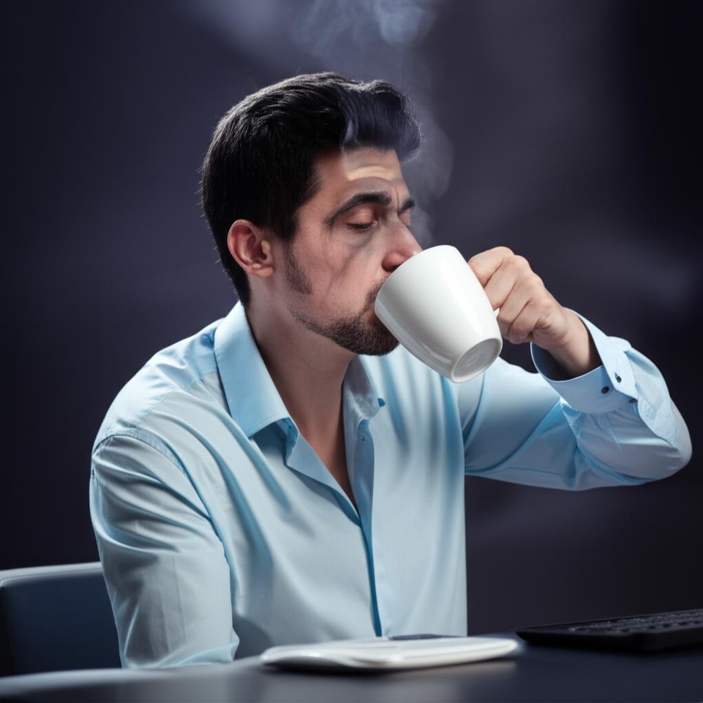 Tired office worker man drinking coffee, feeling drained