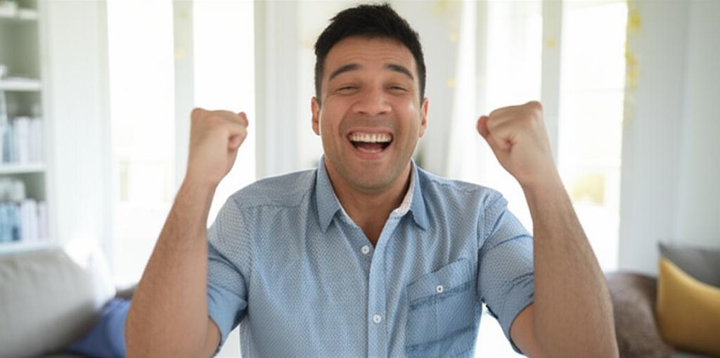 Man looking relieved and energetic, smiling while working or spending time with family, showing improvement after discomfort from prostate issues and cold/dampness